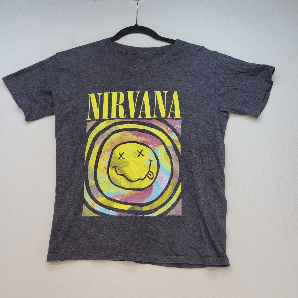 Nirvana Graphic Tee Womens Small Charcoal Grey Grunge Smiley Face Band Shirt
